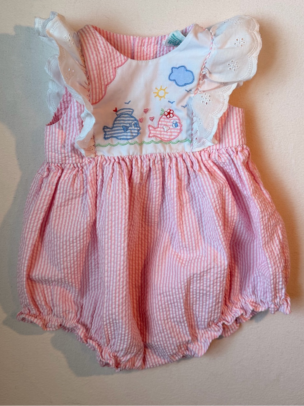 Vintage Pink Seersucker Baby Bubble Romper with Embroidered Whales Fish